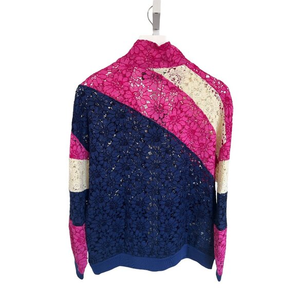 Gucci Lace Bomber Jacket Pink Navy Cream Zip-Up Logo Patch - Picture 6 of 16